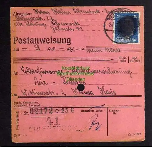 B2986 Sächsische Schwärzung 1945 Postanweisung 41 Eibenstock 26.6. Aue