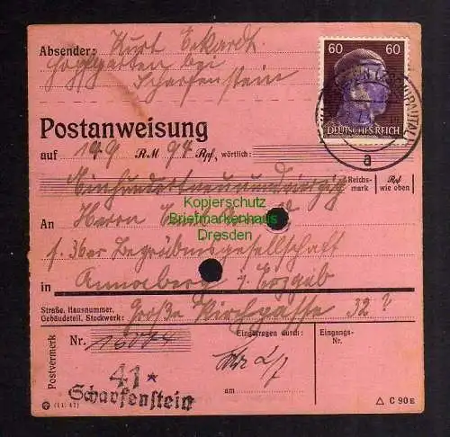 B2878 Sächsische Schwärzung 1945 Postanweisung 41 Scharfenstein  Annaberg 2.7.45