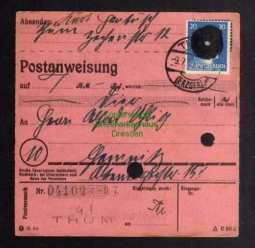 B2885 Sächsische Schwärzung 1945 Postanweisung 41 Thum Erzgeb. - Chemnitz 9.7.45