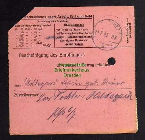 B2892 Sächsische Schwärzung 1945 Postanweisung  41 Zwönitz 5.7.45