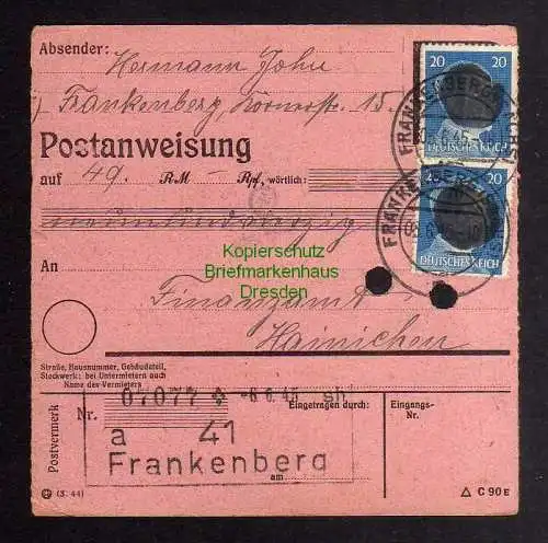 B3034 Sächsische Schwärzung 1945 Postanweisung 41 Frankenberg - Hainichen Finanz