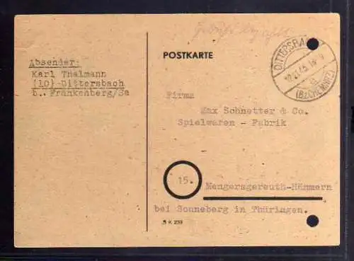 B320 Postkarte SBZ Gebühr bezahlt 1945 Dittersbach Bz. Chemnitz