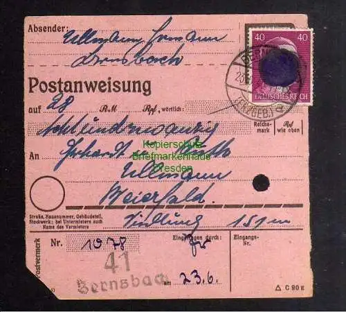 B2983 Sächsische Schwärzung 1945 Postanweisung 41 Bernsbach 23.6. Beierfeld