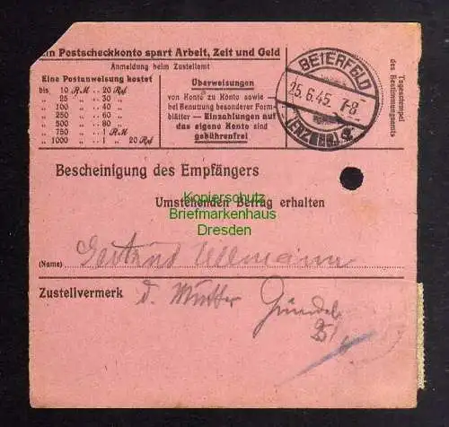 B2983 Sächsische Schwärzung 1945 Postanweisung 41 Bernsbach 23.6. Beierfeld