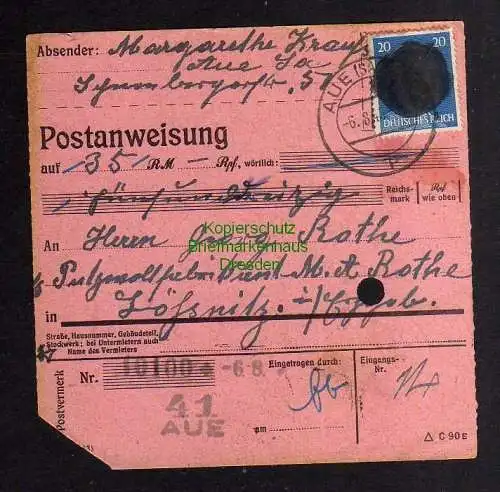 B2979 Sächsische Schwärzung 1945 Postanweisung 41 Aue 6.8. Lössnitz Erzgeb.