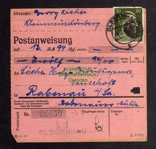 B2865 Sächsische Schwärzung 1945 Postanweisung 41 Olbernhau - Rabenau 5.7.45