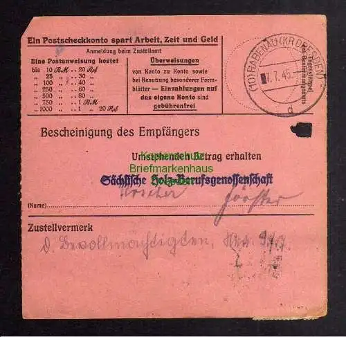 B2865 Sächsische Schwärzung 1945 Postanweisung 41 Olbernhau - Rabenau 5.7.45