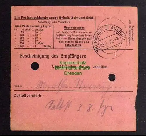 B2970 Sächsische Schwärzung 1945 Postanweisung 41 Zwickau 31.7. Stangendorf