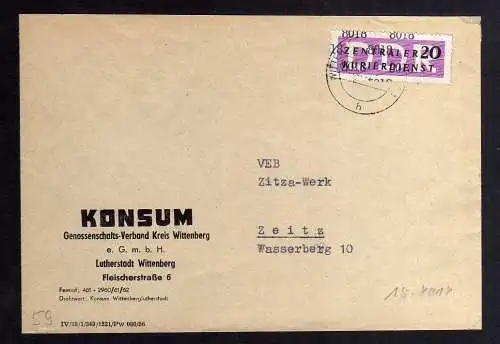 B2529 Brief DDR ZKD 15 8018 1957 Konsum Wittenberg Lutherstadt nach VEB Zitza