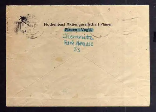 B3335 Brief Sächs. Schwärzung 07.7.45 Chemnitz Fensterumschlag Flockenbast AG