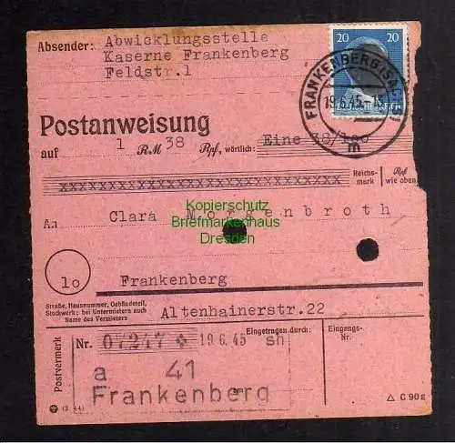 B2832 Sächsische Schwärzung 1945 Postanweisung innerhalb 41 Frankenberg 19.6.45