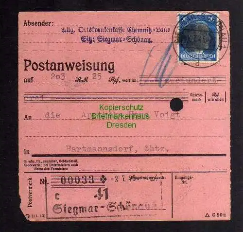 B3014 Sächsische Schwärzung 1945 Postanweisung 41 Siegmar-Schönau 2.7. Hartmann