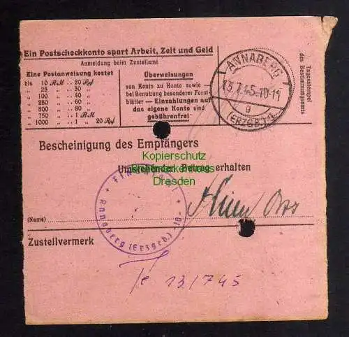 B2968 Sächsische Schwärzung 1945 Postanweisung 41 Oberwiesenthal 12.7. Annaberg