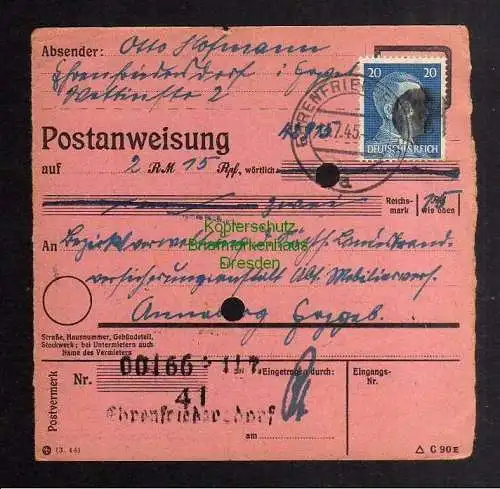 B2823 Sächsische Schwärzung 1945 Postanweisung 41 Ehrenfriedersdorf - Annaberg