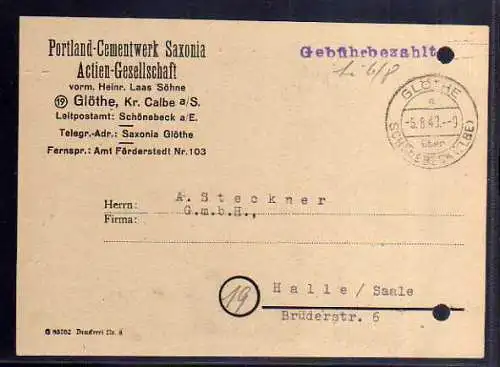 B394 SBZ Postkarte Gebühr bezahlt 1948 Glöthe über Schönebeck Elbe Portlant Ceme