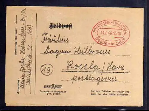 B473 SBZ Postkarte Gebühr bezahlt 1946 Hohenstein-Ernstthal Reklame Postleitzahl