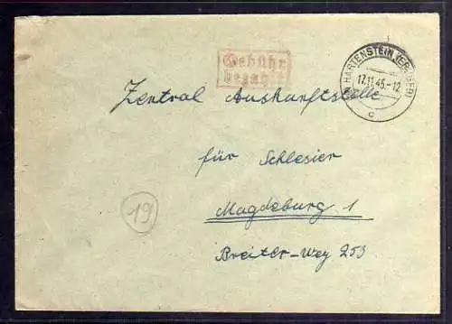 B450 SBZ Brief Gebühr bezahlt 1945 Hartenstein Erzgeb.