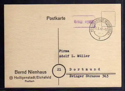 B458 SBZ Postkarte Gebühr bezahlt 1946 Heiligenstadt Eichsfeld