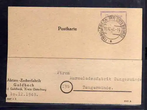 B400 SBZ Postkarte Gebühr bezahlt 1948 Goldbeck Kr. Osterburg Zuckerfabrik