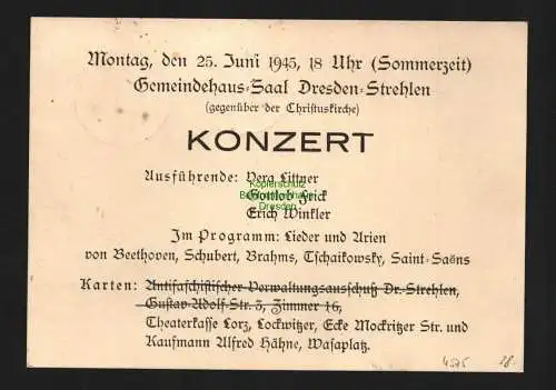 B4575 Ostsachsen Postkarte Sächsische Schwärzung 20.6.45 Bedarf Dresden Strehlen