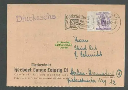 B4985 Westsachsen Postkarte 141 Volkssolidartät EF Drucksache Berlin Hermsdorf