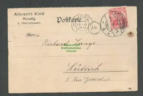 B4943 Karte 1914 Albrecht Kind Hunstig bei Dieringhausen Perfin n Lüttich Liege