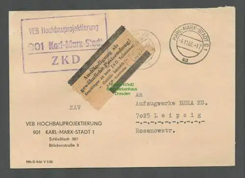 B5249 DDR ZKD Brief 1966 VEB Hochbauprojektierung Karl-Marx-Stadt n. Leipzig Aus