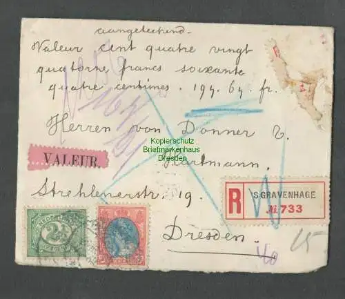 B4964 Brief Niederlande 1913 Wertbrief Valeur S´Gravenhage nach Dresden 5 Siegel