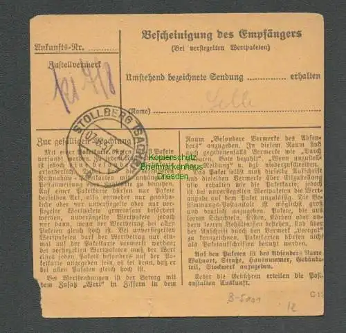 B5001 SBZ Paketkarte 225 MeF Brandenburg Havel 1951 nach Stollberg Erzgebirge