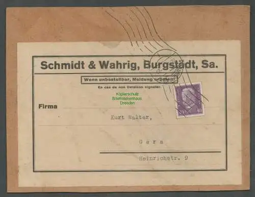 B4951 Adressträger auf Kartonausschnitt Schmidt & Wahrig Burgstädt 1932