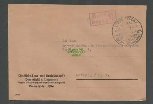 B5739 Gebühr bezahlt 1945 Brief Dommitzsch Ländliche Spar- und Darlehnskasse