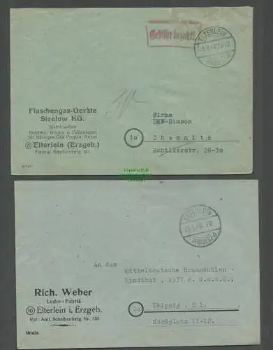 B5742 Gebühr bezahlt 1945 2x Brief Elterlein Leder Fabrik Weber Flaschengas