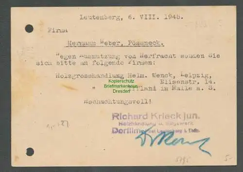 B5795 Gebühr bezahlt 1945 Postkarte Leutenberg Holzhandlung Krieck