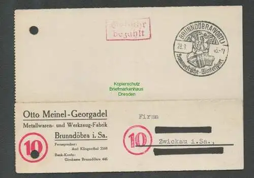 B5712 Gebühr bezahlt 1945 Postkarte Brunndöbra Vogtl. Otto Meinel - Georgadel