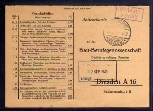 B545 SBZ Karte Gebühr bezahlt 1945 Leukersdorf Erzgebirge Berufsgenossenschaft