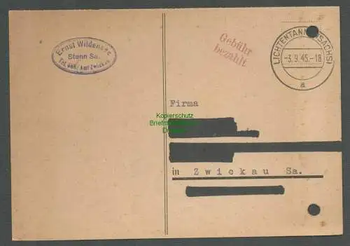 B5798 Gebühr bezahlt 1945 Postkarte Lichtentanne Stenn