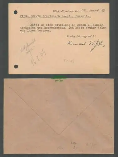 B5731 Gebühr bezahlt 1945 Brief Postkarte Böhlitz Ehrenberg Textilwaren Voigt