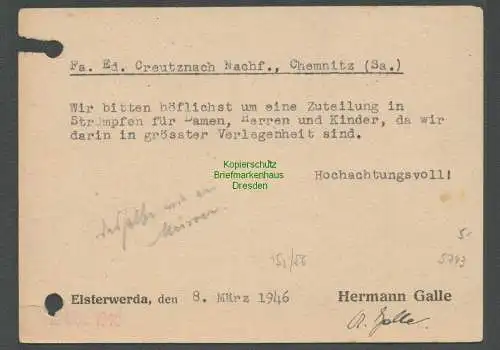 B5743 Gebühr bezahlt 1946 Postkarte Elsterwerda Firma Hermann Galle