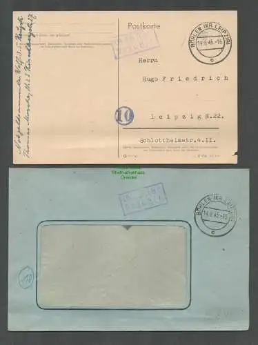 B5732 Gebühr bezahlt 1945 Brief + Karte Böhlen Kr. Leipzig