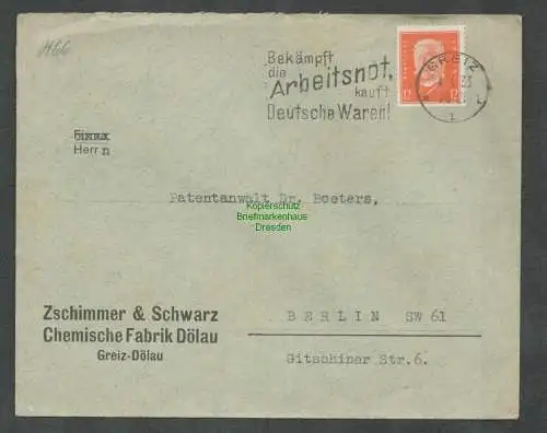 B6003 Brief Deutsches Reich DR 1933 Greiz Dölau Perfin Firmenlochung Zschimmer &