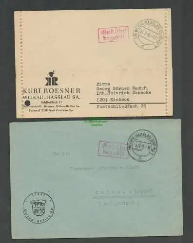 B6271 2x Brief Postkarte SBZ Gebühr bezahlt 1945 Wilkau-Hasslau Stadt Wappen