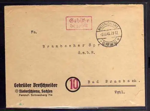 B628 SBZ Brief Gebühr bezahlt 1945 Niederschlema Erzgebirge nach Bad Brambach