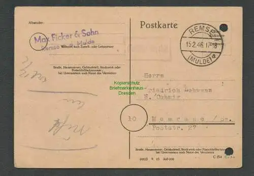 B6101 Postkarte SBZ Gebühr bezahlt 1946 Remse Mulde Max Ficker & Sohn