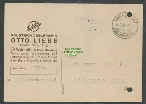 B6153 Postkarte SBZ Gebühr bezahlt 1945 Weinböhla Polsterer Möbelfabrik Otto Lie