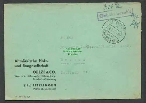 B6080 Brief SBZ Gebühr bezahlt 1948 Letzlingen über Gardelegen nach Dessau