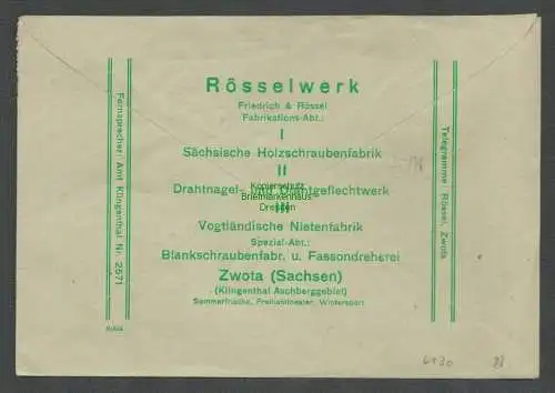 B6130 Brief SBZ Gebühr bezahlt 1945 Zwota über Klingenthal Vogtland Rösselwerk