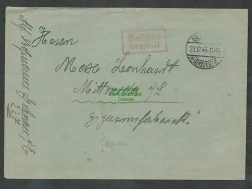 B6078 Brief SBZ Gebühr bezahlt 1945 Gelenau Erzgeb. nach Mittweida