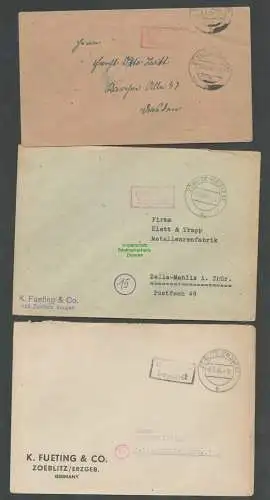 B6278 3x Brief SBZ Gebühr bezahlt 1945 Zöblitz Erzgeb. nach Dresden K. Fueting &