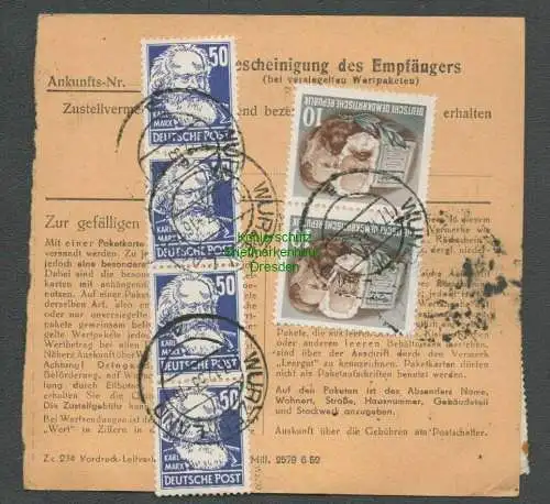 B6304 Paketkarte DDR 1953 Wurzen Dehnitz 4x 337 50 Pfg. Köpfe II BPP