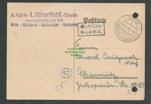 B6234 Postkarte SBZ Gebühr bezahlt 1945 Sayda über Freiberg nach Chemnitz